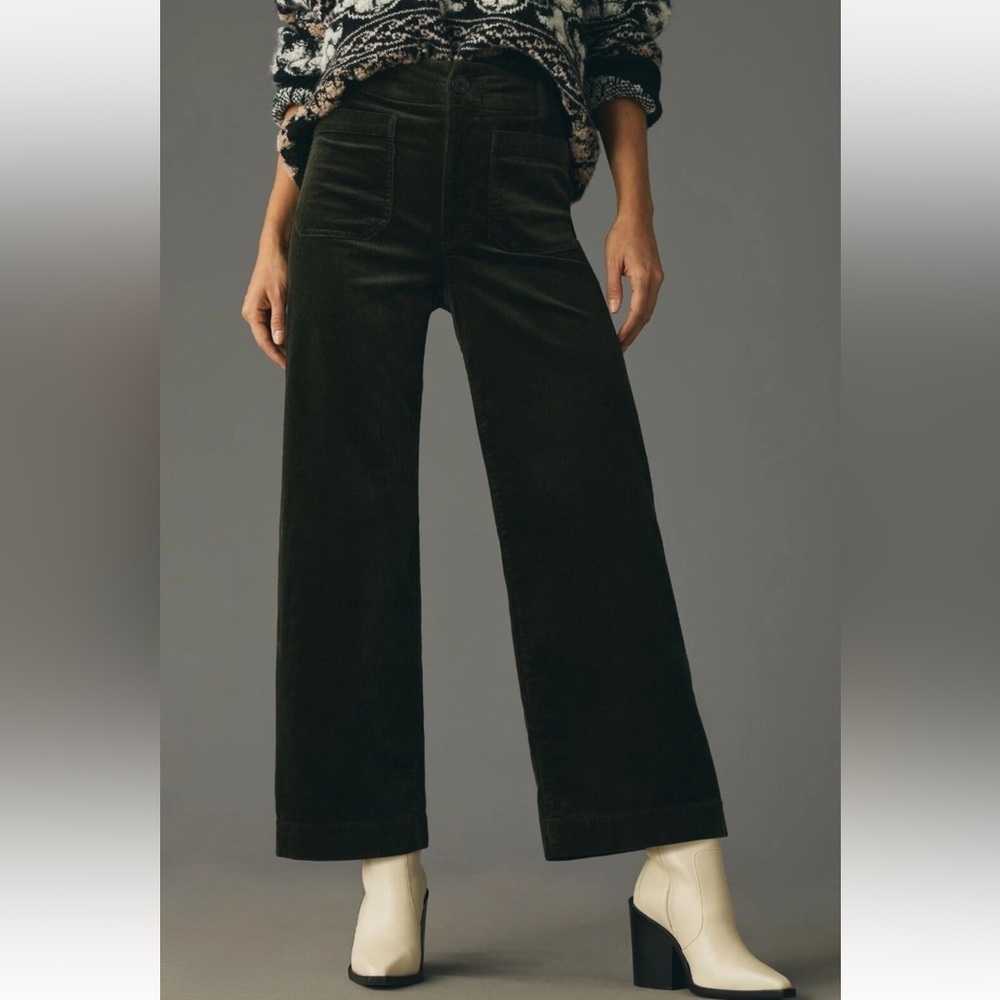 Anthropologie Green The Colette Cropped Wide-Leg Corduroy Pants by Maeve Size 29